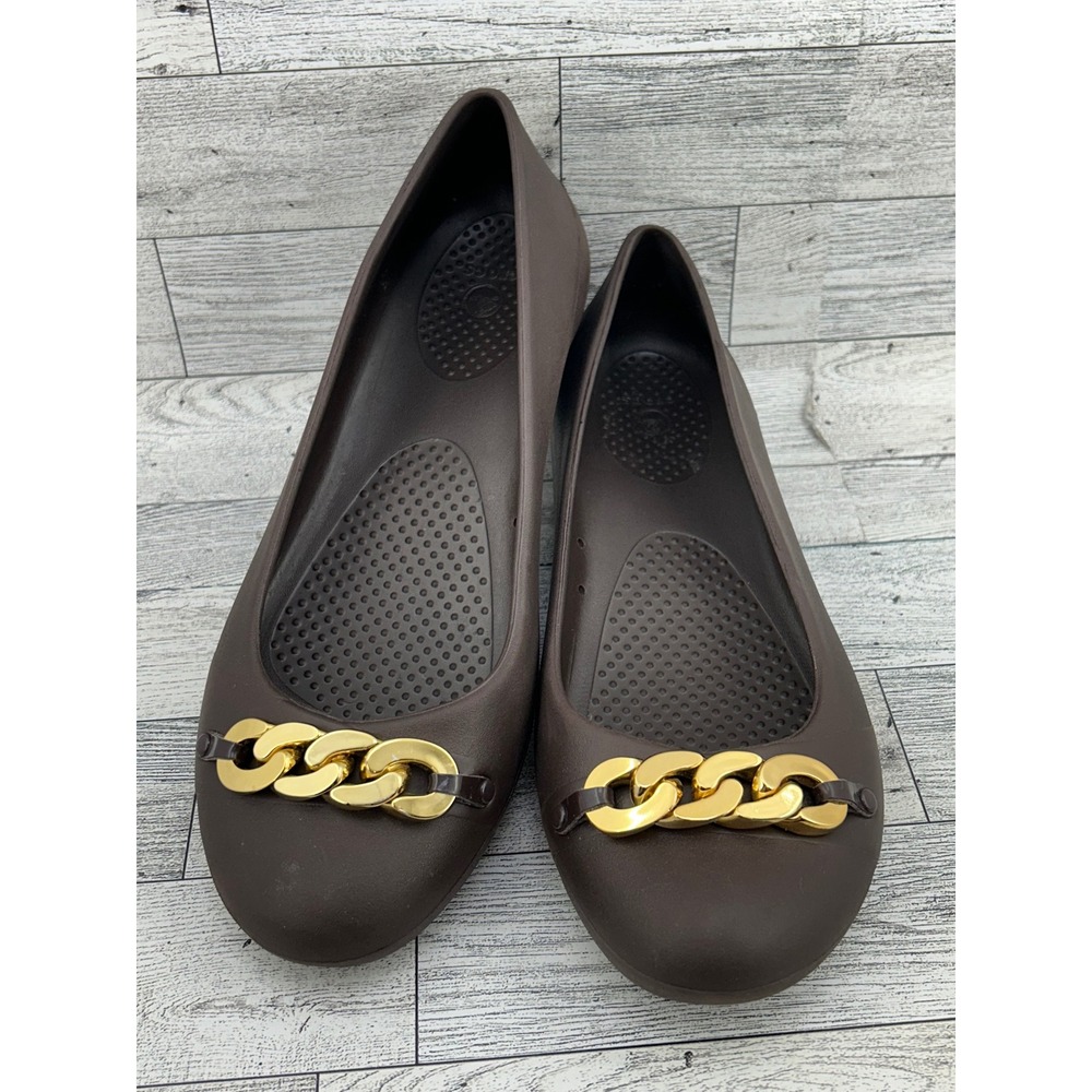 Crocs Women Espresso Brown Gold Chain Link Ballet Shoes Size 8 Slip On Round Toe